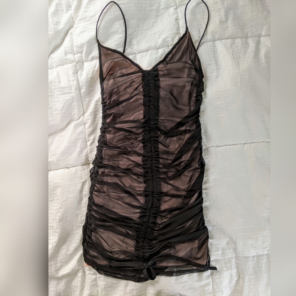 PRETTY LITTLE THING in Black Mesh Ruched Bodycon